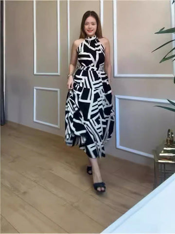 Summer New Fashion Temperament Round Collar Printing Dress